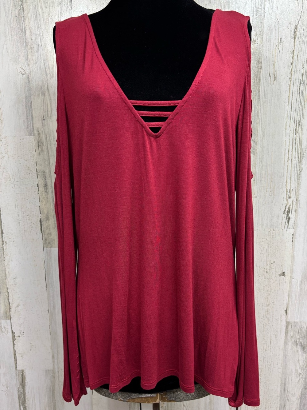 Rock & Republic Red Cold-Shoulder V-Neck Long Sleeve Top